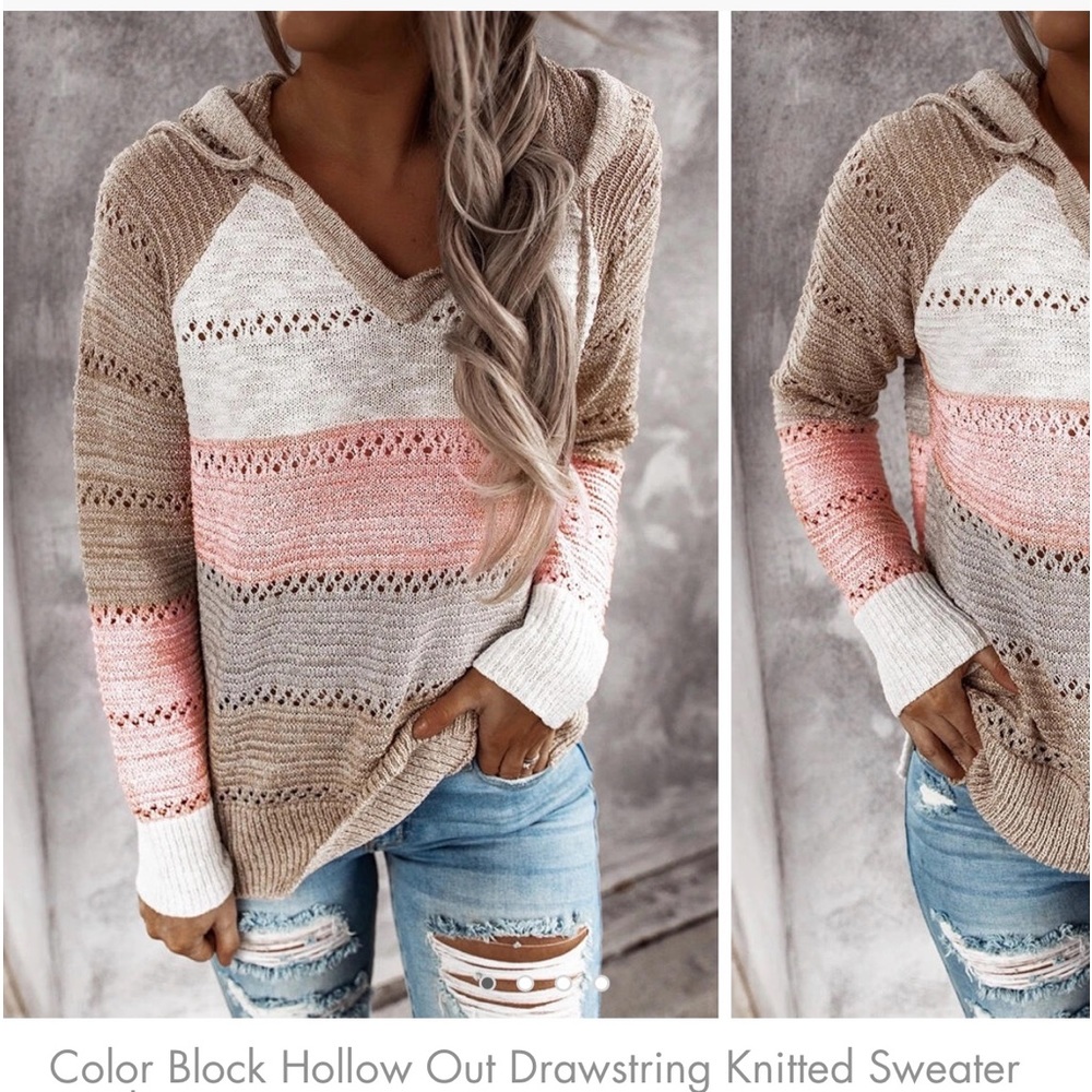 🆕🌿🩶DISCOUNT DIVAS: Color Block Knitted Sweater w/Hood MEDIUM LARGE